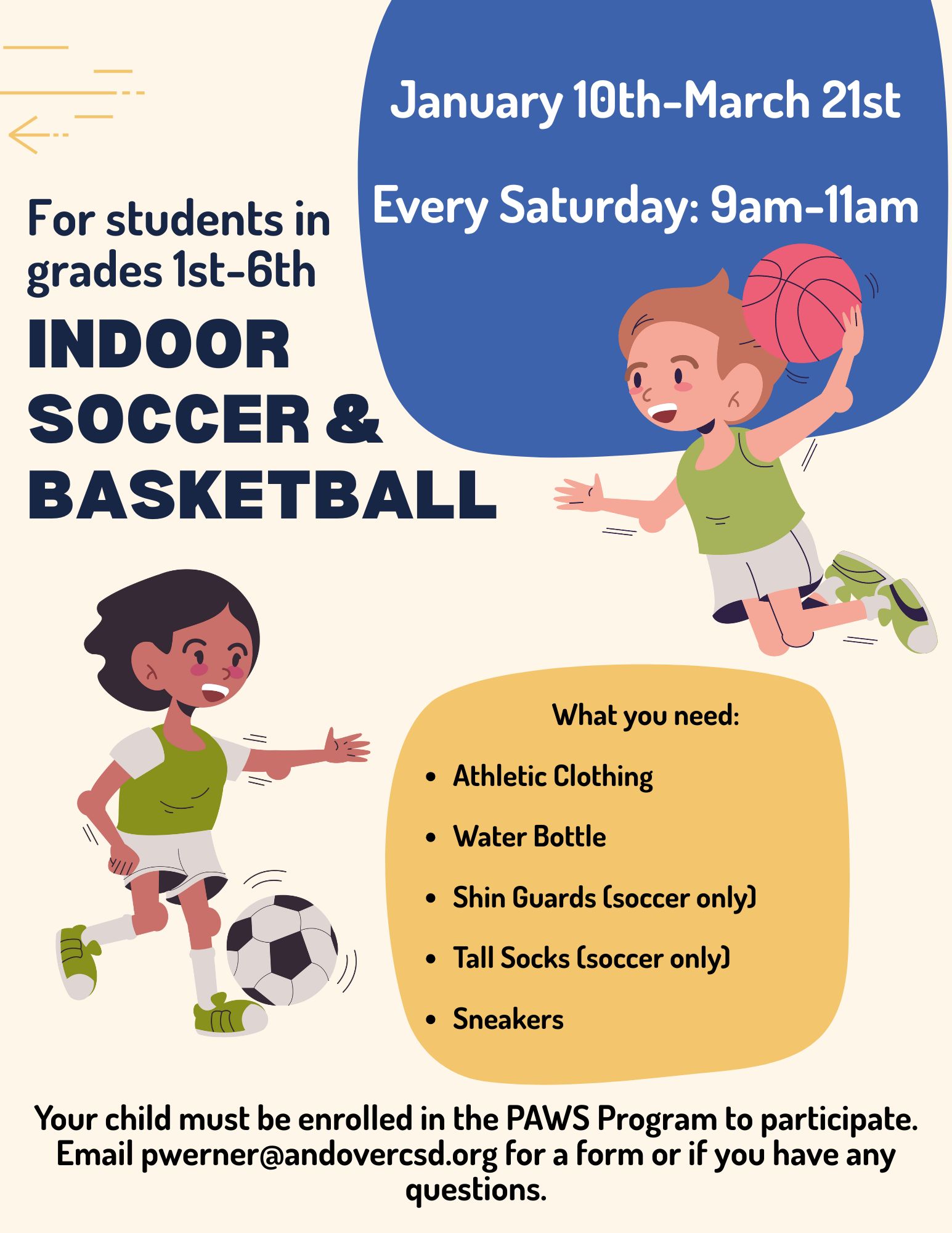 Flyer announcing indoor soccer and basketball with girls kicking soccer ball and balancing basketball
